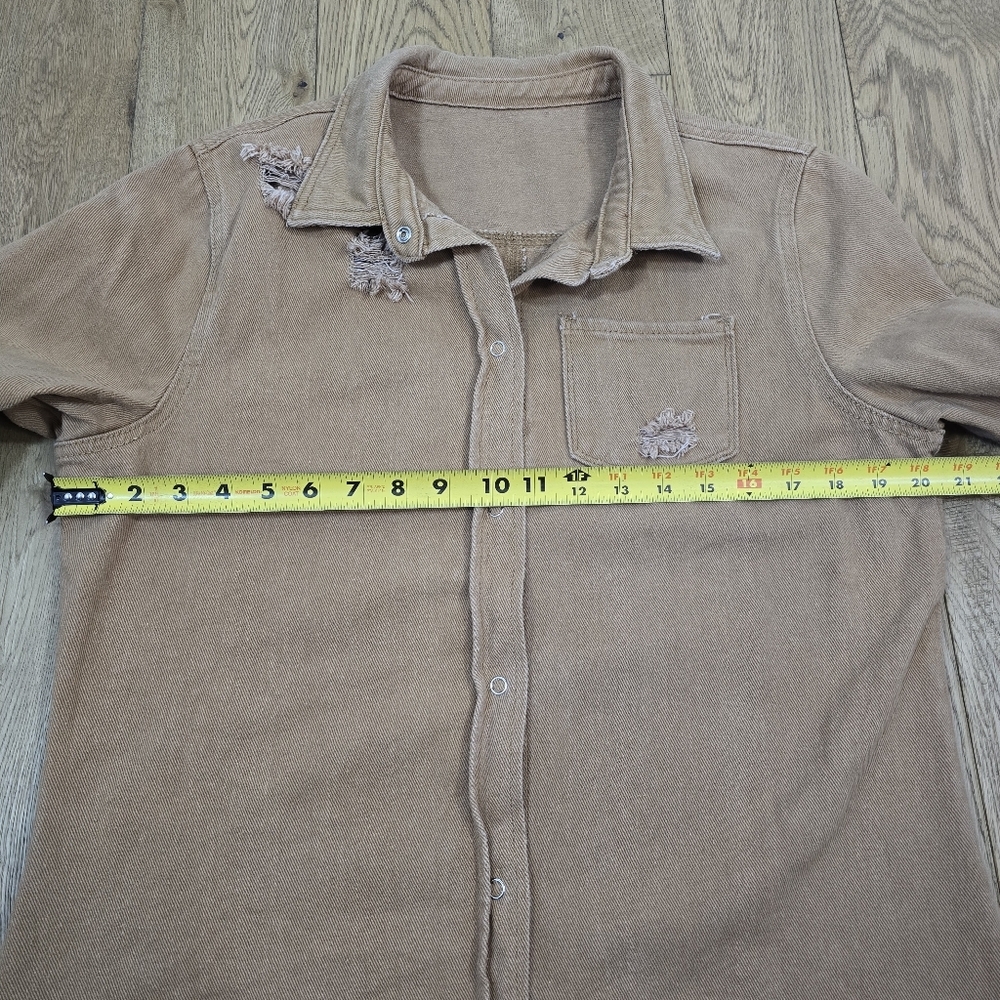 Unbranded Distressed Tan Button Up Denim Shirt Jacket Large - Picture 6 of 7